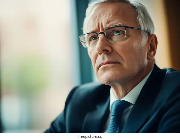 Close Up Portrait of Senior Businessman in Suit Looking Away