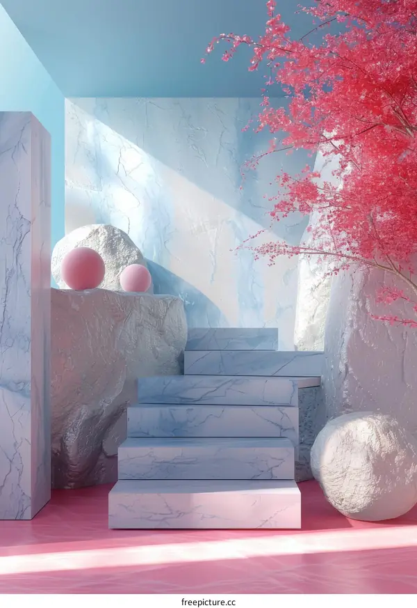 Surreal Blue and Pink Stairway with Ethereal Tree