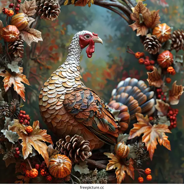 Thanksgiving Turkey Illustration with Autumn Leaves