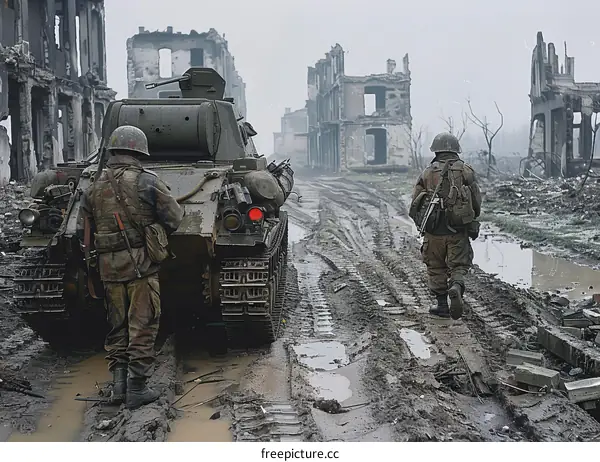 Two soldiers walking in a destroyed city during the war