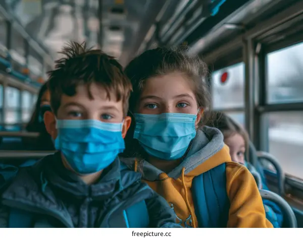Two children wearing surgical masks on a school bus