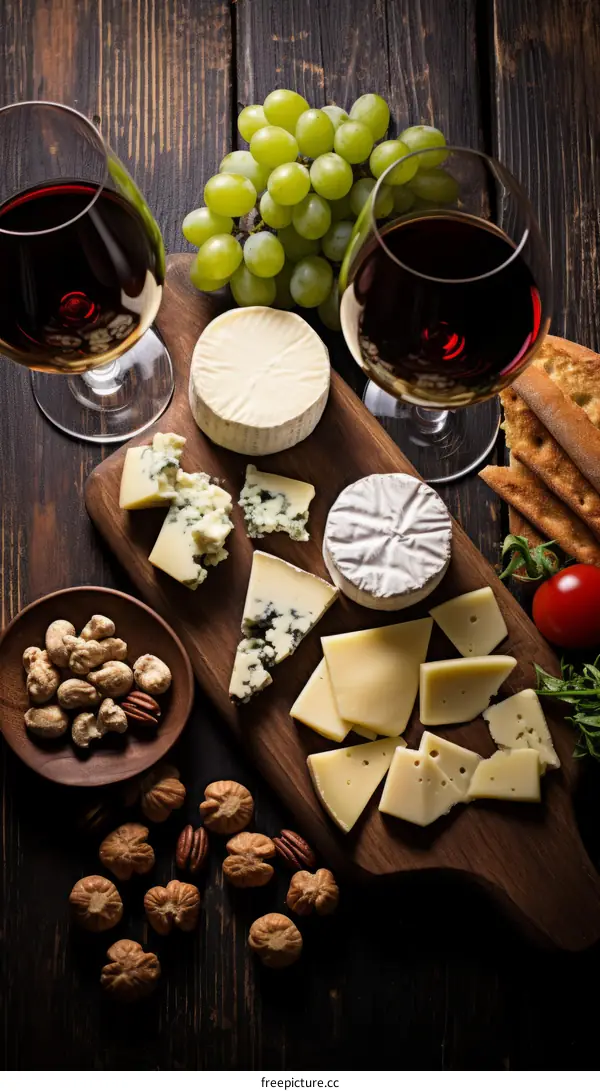 Wine and Cheese Platter with Grapes, Nuts, and Bread