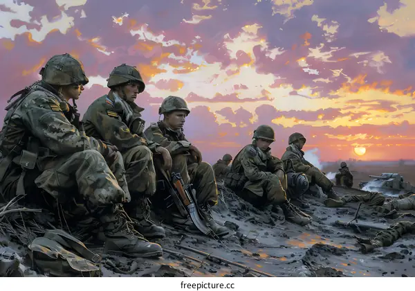 A group of soldiers sitting on a hilltop watching the sunset