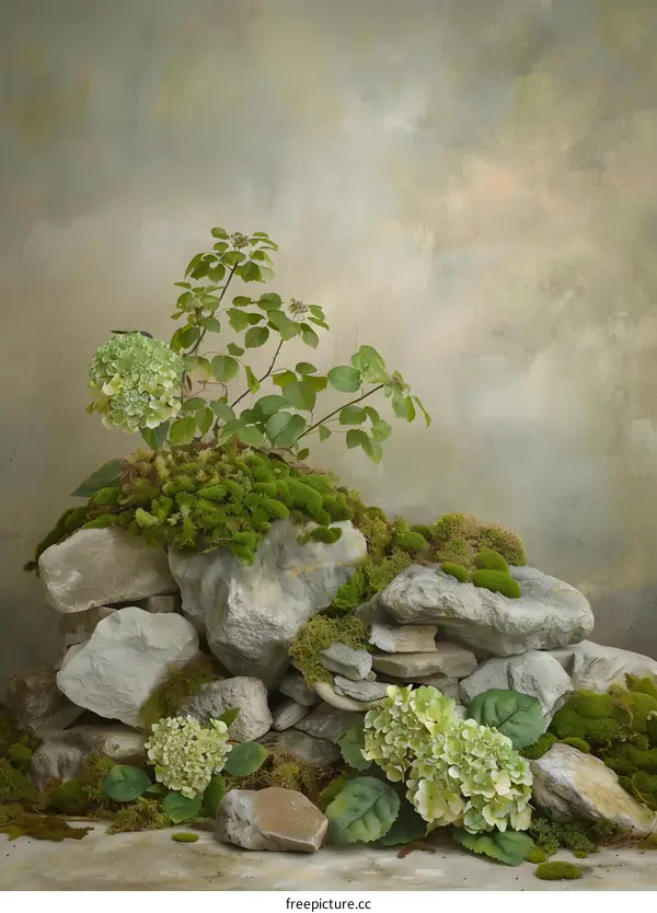 Green Hydrangeas Flowers and Moss on Stone Wall Background