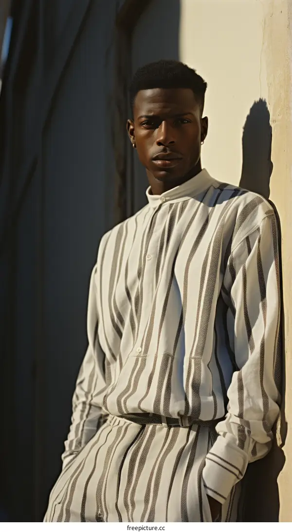Black man model in striped shirt and pants standing against wall