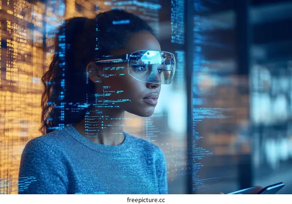 Woman Wearing VR Glasses Looking at Code on Projected Screen