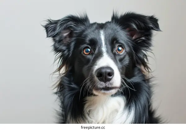 A Border Collie stares at the camera with its ears perked up
