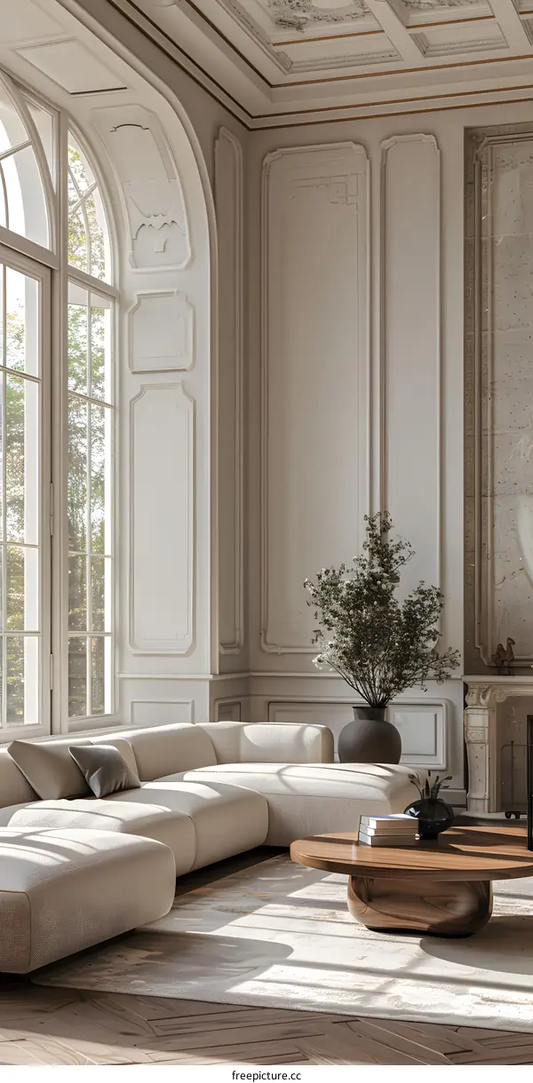 Living room with arched floor-to-ceiling windows and fireplace