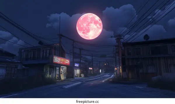 Pink Moonlit Asian Night Street Scene Illustration