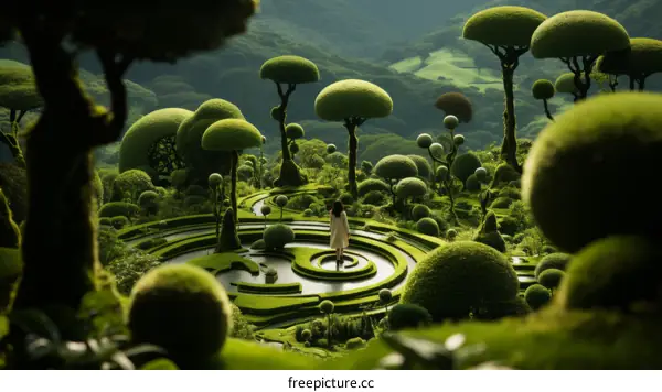 The girl in the garden of trimmed trees