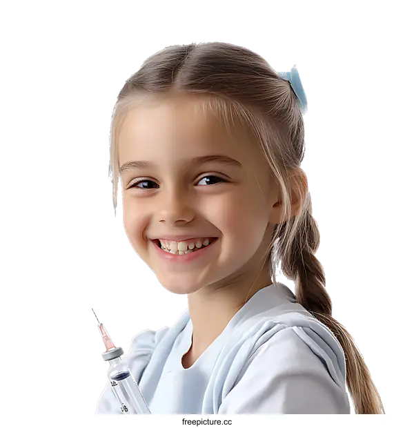 [Transparent Background PNG]Smiling Caucasian Girl Holding Syringe