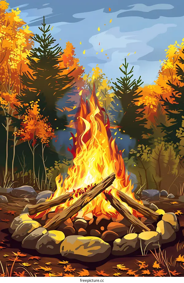 Campfire in the Autumn Forest
