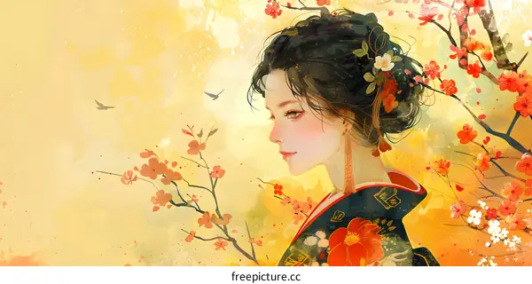 An illustration of a beautiful woman in a kimono standing in a field of cherry blossoms.