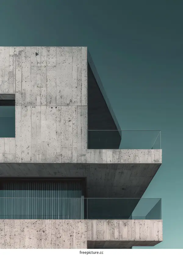 Balcony of a concrete building with green glass windows.