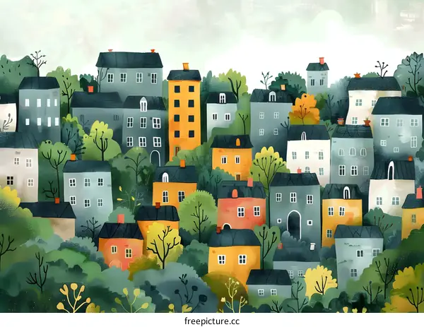 Colorful houses and trees in a whimsical setting
