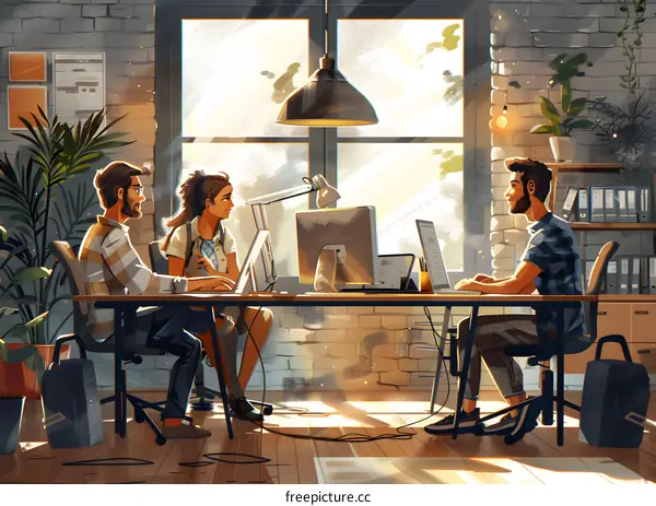 Three people working together in a creative office space