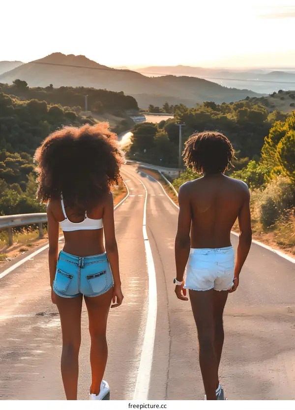 Couple Walking on Country Road With Mountain Background