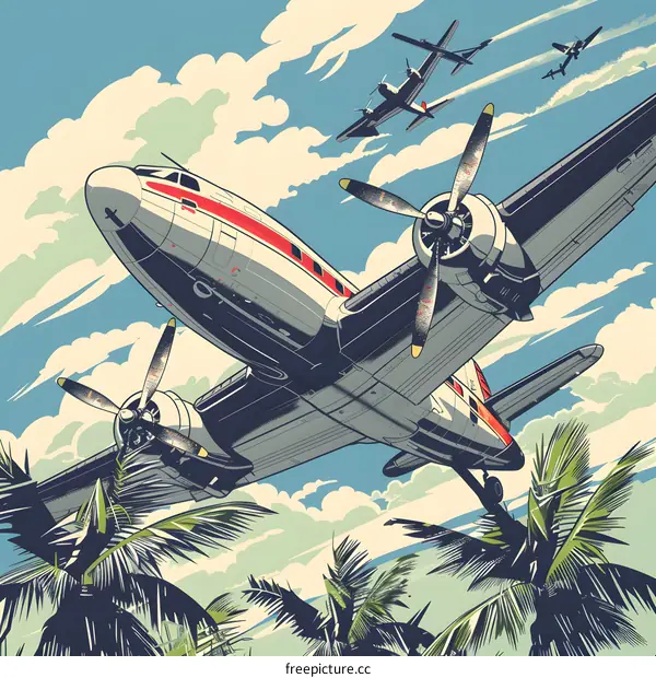 Vintage Airplane Flying Over Palm Trees