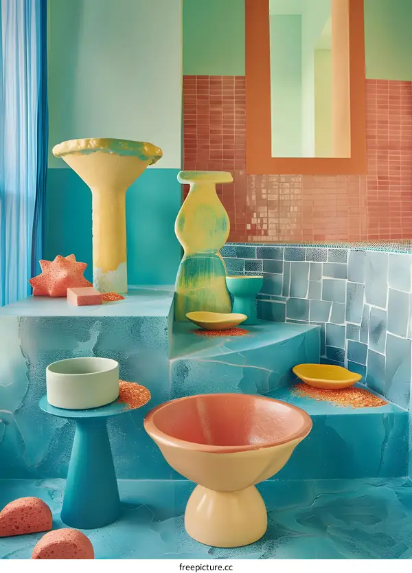 Abstract Still Life with Colorful Ceramic Vases and Bowls in a Modern Bathroom Interior
