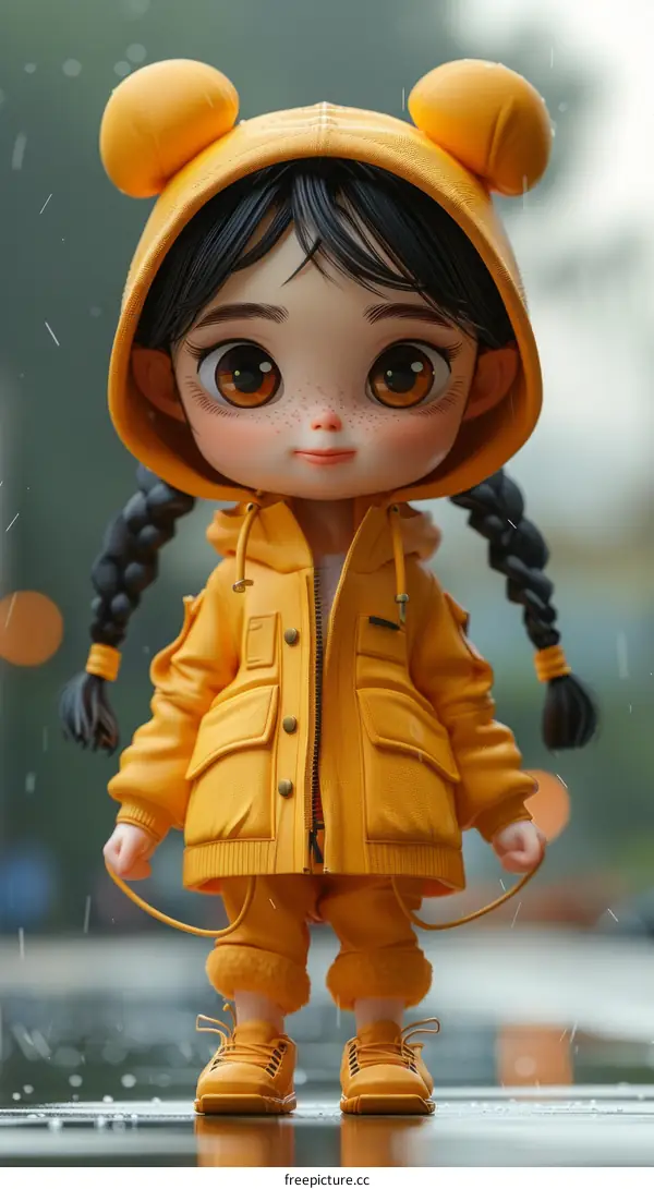 3D illustration of a cute girl wearing a yellow raincoat and brown shoes