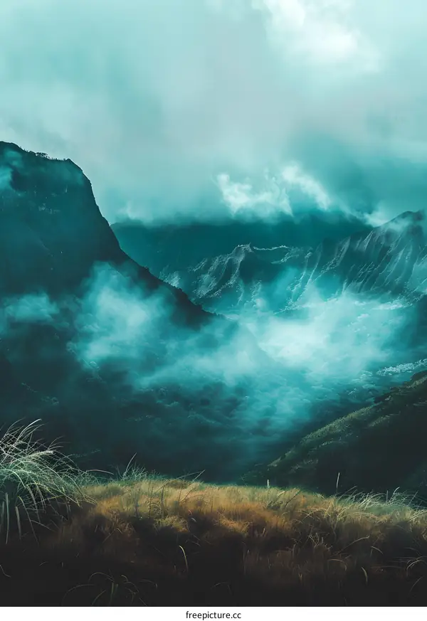 Misty Mountain Landscape with Green Hills