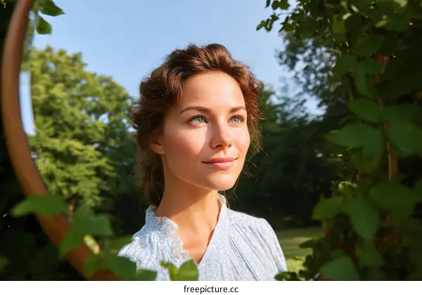 Woman in a park in a light blue dress