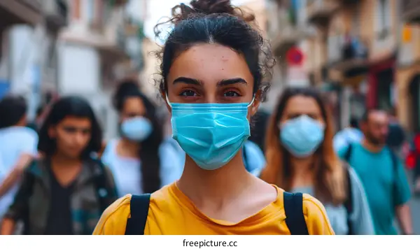 Young Woman Wearing a Face Mask in a Crowded Street