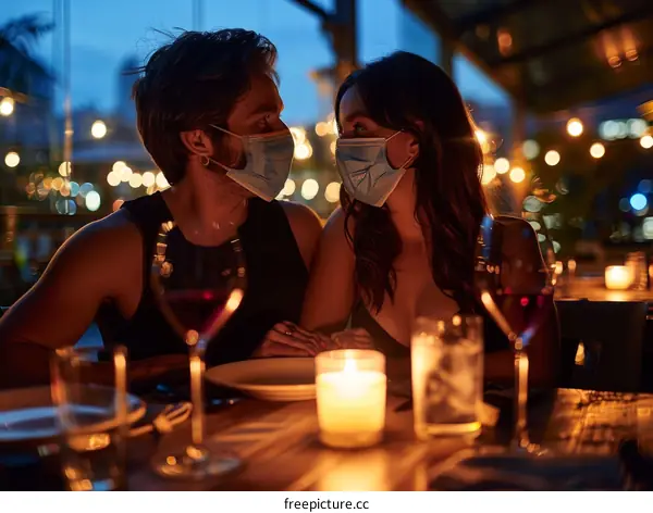A couple is sitting at a table in a restaurant. They are both wearing masks.