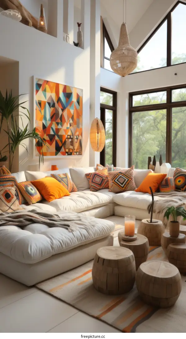 Modern Living Room with Comfy Seating and Geometric Artwork