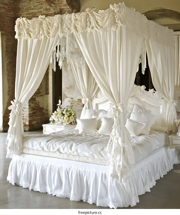 White Canopy Bed with Ruffled Curtains and Lace Trim