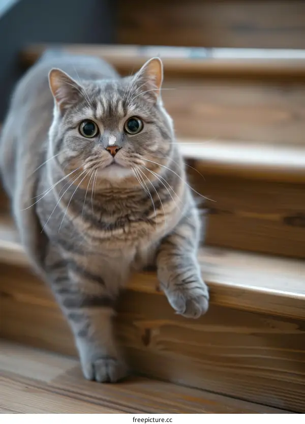 A gray cat is walking down the stairs