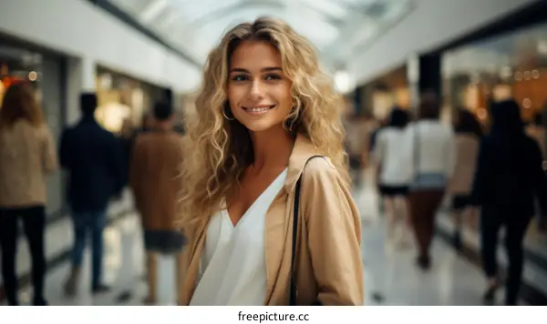 Portrait of a beautiful young woman with blonde curly hair smiling in a shopping mall