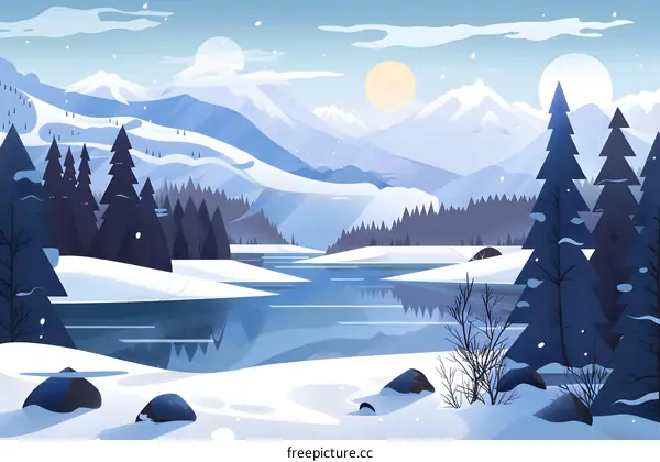 Snowy Mountain Landscape With Forest and Frozen Lake