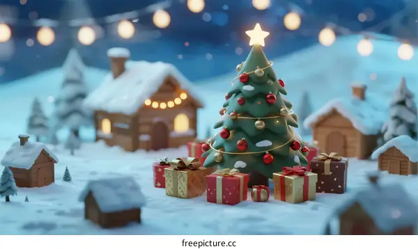 Festive Christmas Tree Decorated with Gifts in Snowy Village