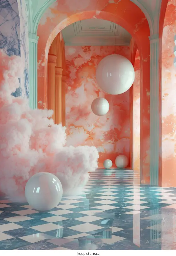 Pastel Dreamy Interior with Floating Spheres