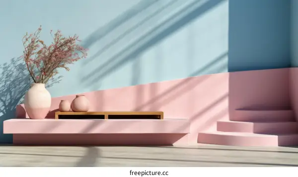 An empty room with a pink and blue background and a vase of flowers on a shelf.