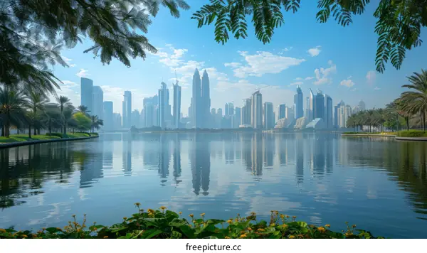 A view of Dubai skyline from a lake in the morning