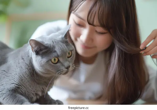 A young woman is playing with a gray cat