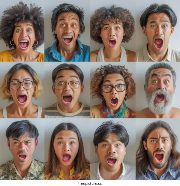 A grid of ten people with their mouths open in shock