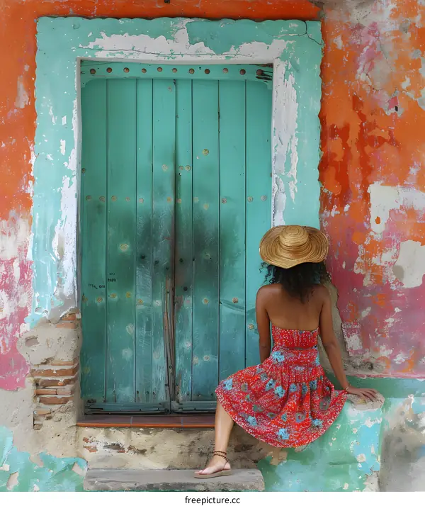 Woman Sitting on Steps in Front of Old Door