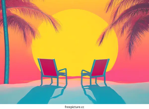 Summer Beach Sunset with Two Chairs and Palm Trees