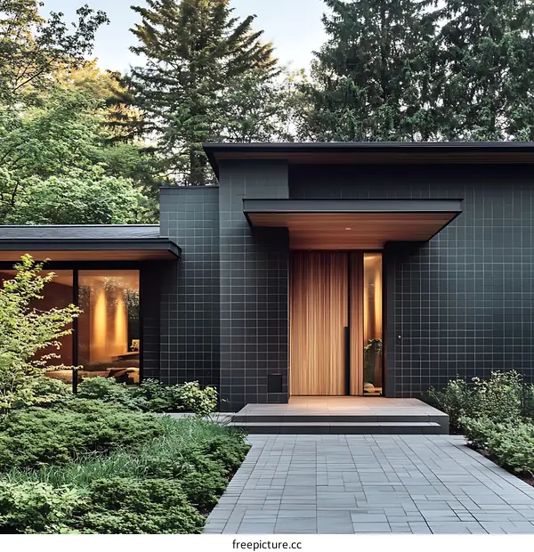 Modern House Entrance with Dark Tiles and Wooden Door