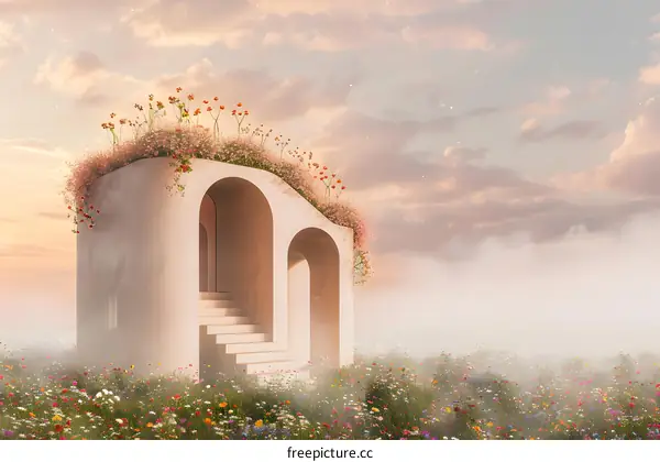 Arched Building Covered in Flowers in a Field of Wildflowers