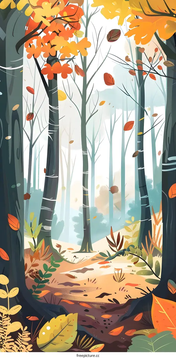 Autumn Forest Illustration With Orange and Yellow Leaves
