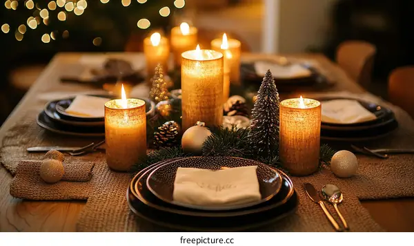 Christmas Table Setting with Candles and Decorations