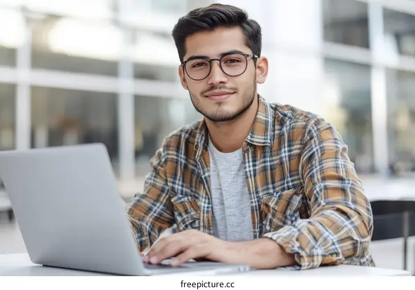 Young Man Working on a Laptop Outdoor