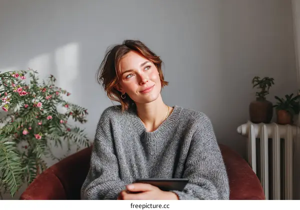 Thoughtful Woman Relaxing in Home Interior