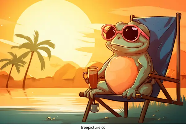 A frog wearing sunglasses relaxes on a lawn chair with a cup of tea