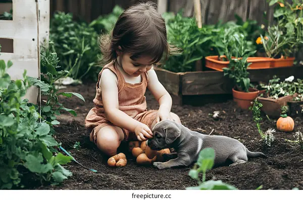 Little Girl Playing With Puppy In Garden