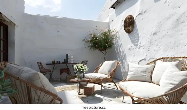 White Wall Patio with Wicker Furniture and Plants